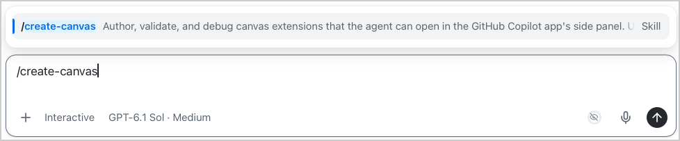 The /create-canvas skill selected in the prompt box typeahead