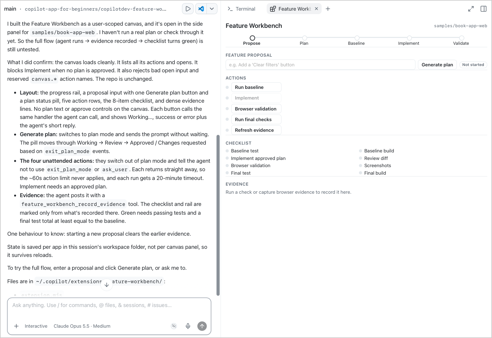 Feature Workbench canvas in the side panel with five stages, a feature proposal field, actions, a checklist, and an empty evidence area